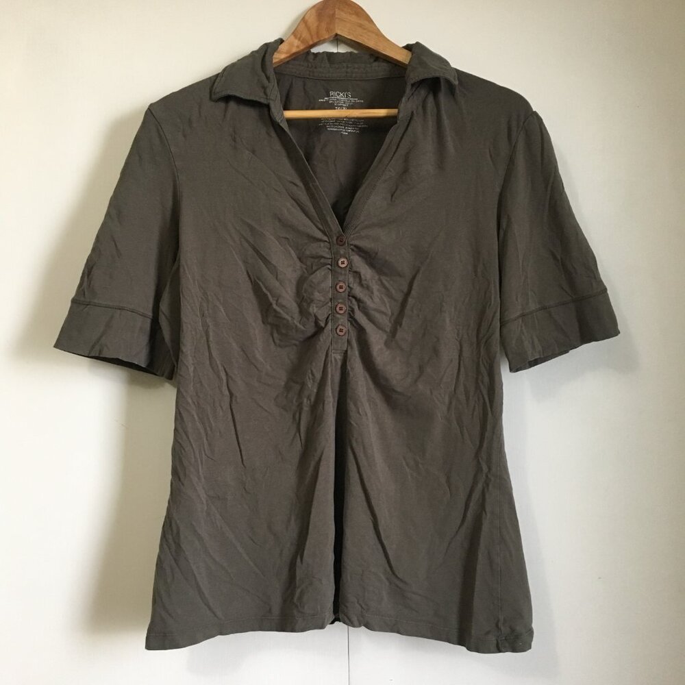 Ricki's Dark Olive 100% Cotton 1/4 Button Collar Top Soft & Natural XL